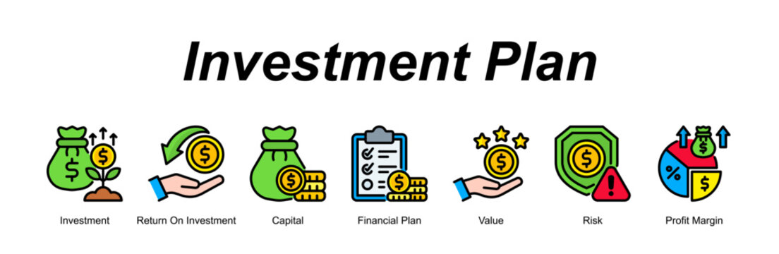 Investment Plan banner web icon vector illustration concept with an icon of Investment, Return On Investment, Capital, Financial Plan, Value, Risk, Profit Margin 