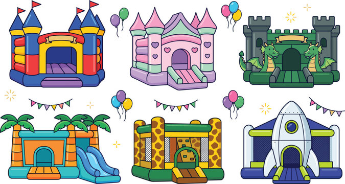 Inflatable bounce house collection featuring castle, princess, dragon, jungle, safari, and rocket themed bouncy castles isolated on white background vector set