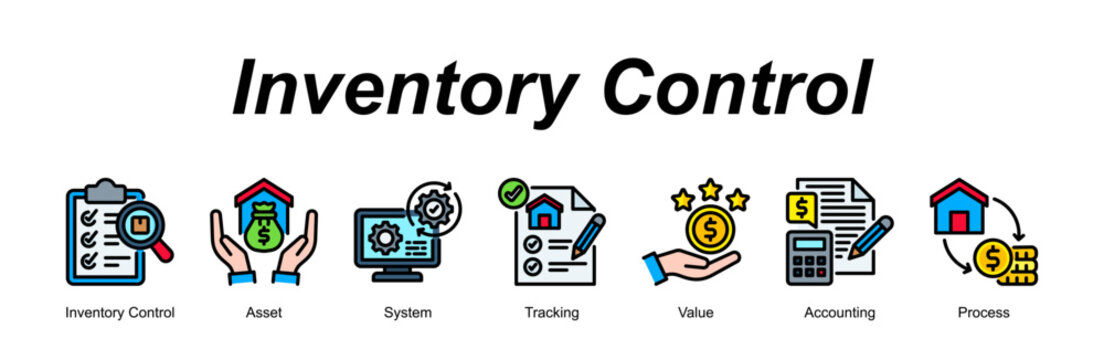 Inventory Control banner web icon vector illustration concept with an icon of Inventory Control, Asset, System, Tracking, Value, Accounting, Process 