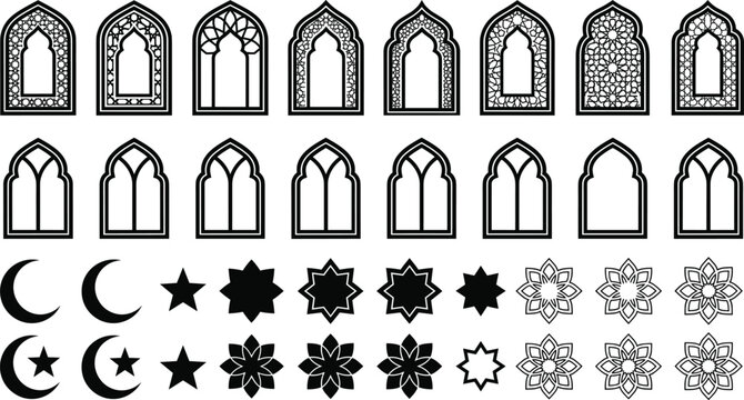 Islamic Ramadan decorative window frames crescent moon stars and floral rosette collection in traditional arabesque style vector set
