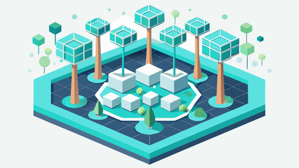 Futuristic isometric vector illustration of a cyber ecosystem with geometric digital plants © Ahmad nur
