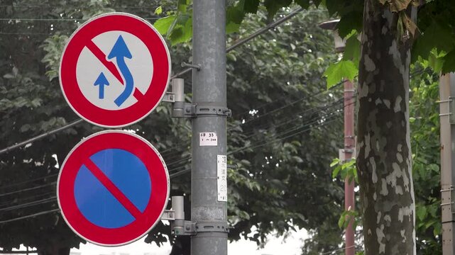 Close-up of Japanese no overtaking and no parking road signs on a pole in light rain during early morning, left-side composition