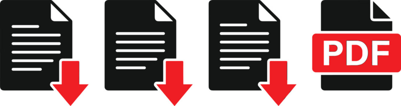 PDF document download icon collection featuring file transfer digital documents data export and downloadable content vector symbols