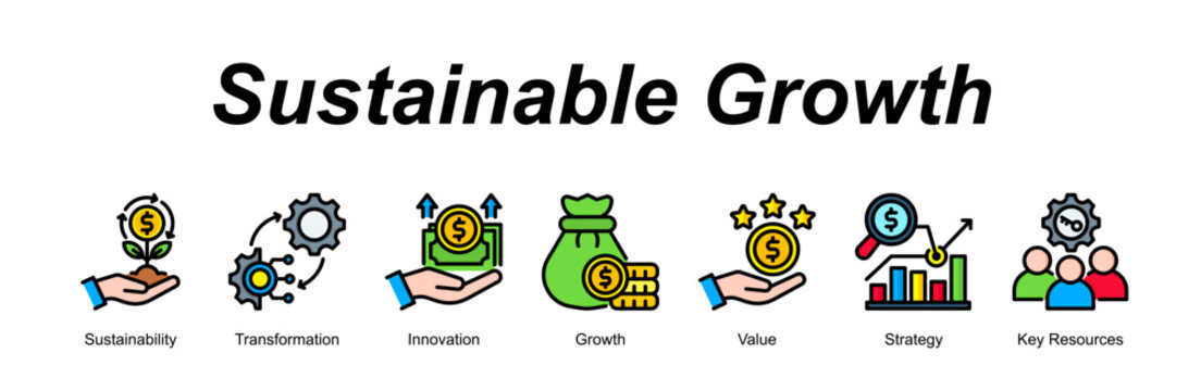 Sustainable Growth banner web icon vector illustration concept with an icon of Sustainability, Transformation, Innovation, Growth, Value, Strategy, Key Resources 