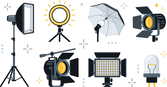 Professional photography lighting equipment collection featuring softbox, ring light, umbrella, studio spotlight, LED panel, and flash bulb vector set