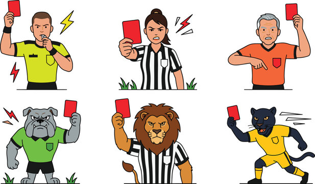 Red card referee collection featuring sports officials issuing penalties warnings fouls and disciplinary actions in football vector illustrations