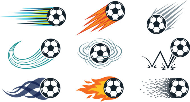 Soccer ball motion effects collection featuring speed trails, fire, spin, bounce, and dynamic movement icons isolated on white background vector set