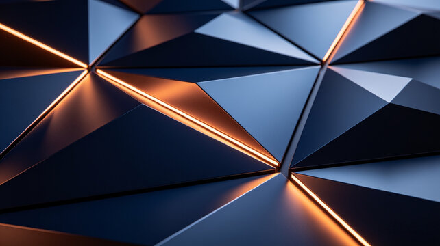 Luxury Dark Blue Geometric Abstract Background with Glowing Orange Neon Lines, Modern Futuristic 3D Technology Wallpaper