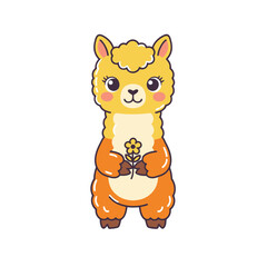 Obraz premium Cute cartoon alpaca holding a flower