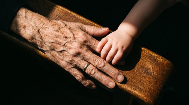 Candid intergenerational touch, elderly hand and toddler's fingers in single shaft of afternoon light, family bond concept
