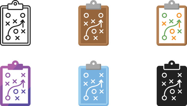 Sports strategy clipboard icons collection featuring football and soccer tactics boards in outline, flat, colorful, and solid styles isolated on white background vector set