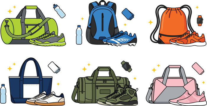 Sports gym bag and athletic gear collection featuring duffel backpacks drawstring bags sneakers and fitness accessories vector illustrations