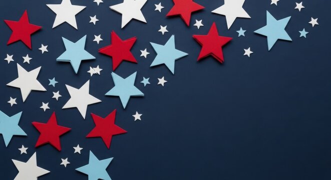 Red white and blue stars scattered on dark blue background celebratory pattern