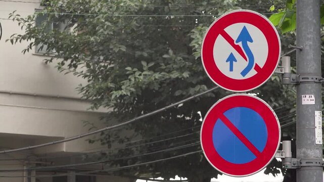 Close-up of Japanese no overtaking and no parking road signs in light rain during early morning, right-side composition