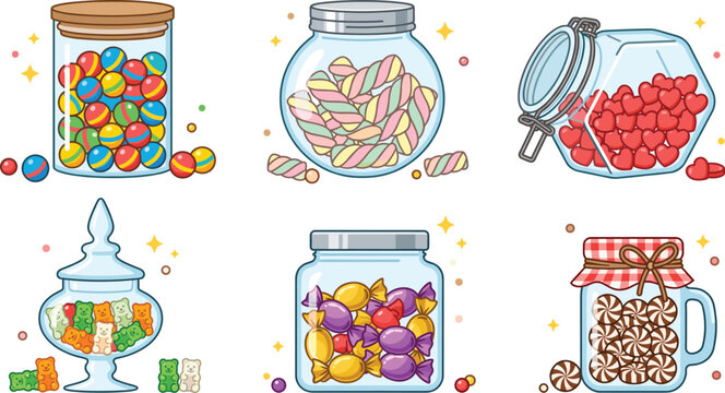 Candy jars collection featuring colorful gumballs, marshmallows, gummy bears, wrapped sweets, heart candies, and peppermint treats isolated on white background vector set
