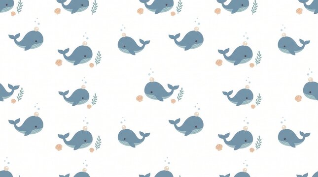 Repeated pattern shows cute blue whales, pearls, bubbles, seashells, and seaweed