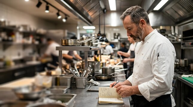 Professional chef writing notes in a notebook inside a busy restaurant kitchen