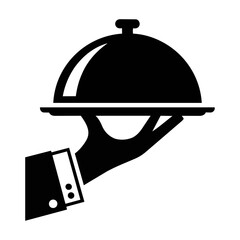 Fototapeta premium Minimalist black and white icon of a formal hand in a suit cuff holding a domed serving tray isolated on white. Luxury hospitality and service concept