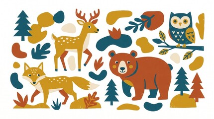 Obraz premium Four friendly forest animals, a deer, fox, bear, and owl, appear in a vibrant outdoor setting