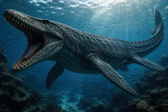Giant Mosasaurus Swimming Underwater in Prehistoric Ocean