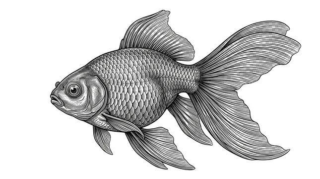 Vintage goldfish engraving, antique biological illustration of a fancy fantail fish, detailed black and white aquatic animal sketch isolated PNG with Transparent Background