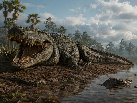 Deinosuchus Prehistoric Giant Crocodile Roaring on Swamp Riverbank