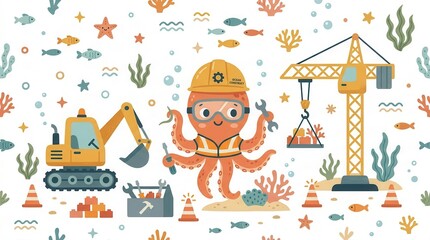 Naklejka premium Adorable octopus construction worker builds an ocean habitat with heavy equipment and tools