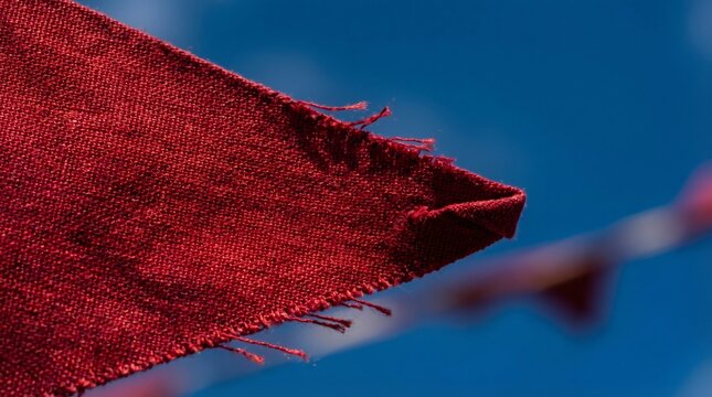 Extreme close up of frayed red bunting flag against blue sky, rustic festive decoration and outdoor celebration concept