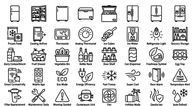 refrigerator, fridge, outline, icon, cooling, freezer, appliance, kitchen, cold, storage, food, fresh, ice, thermostat, compressor, shelf, bottle, dairy, vegetable, smart, energy, maintenance, electri
