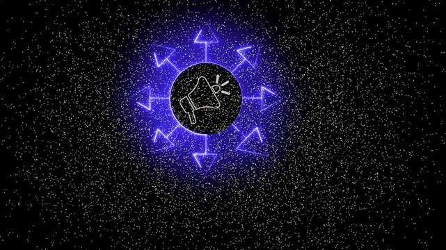 Futuristic network communication loop showing outbound purple neon glowing arrows with abstract particles.