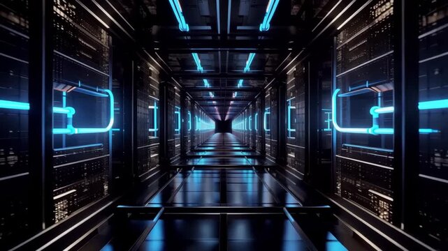 Silhouette Walking Through Futuristic Data Center Corridor with Neon Blue Lighting
