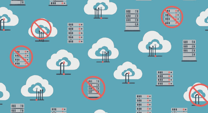 Hand-drawn flat graphic seamless pattern featuring cloud computing ser