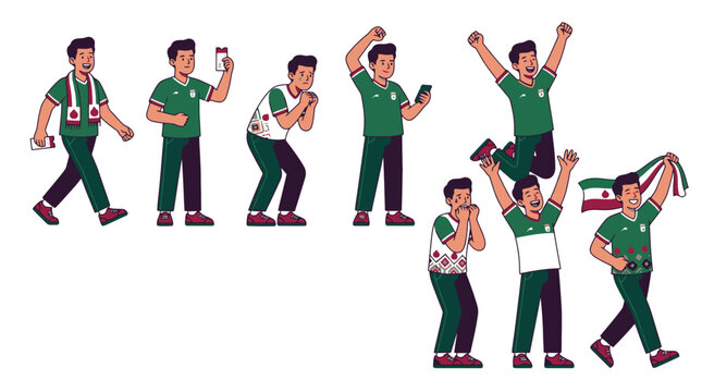 Set of cartoon soccer fans wearing green jerseys celebrating victory and cheering for their favorite team. EPS Editable