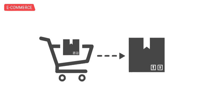 Minimalist flat graphic icon depicting a grey shopping cart with a pac