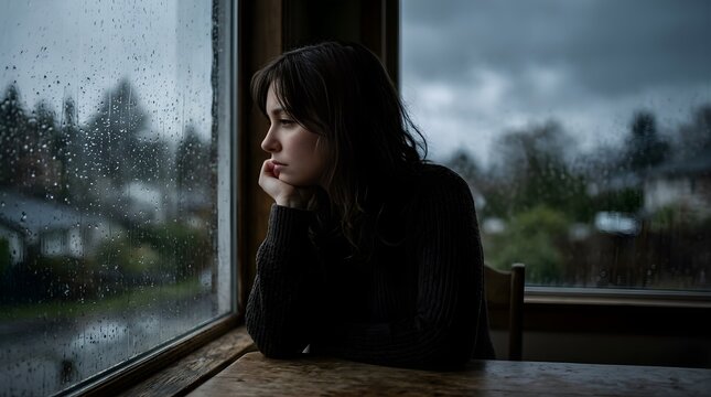 Sad young woman looking out the rainy window at home during a storm