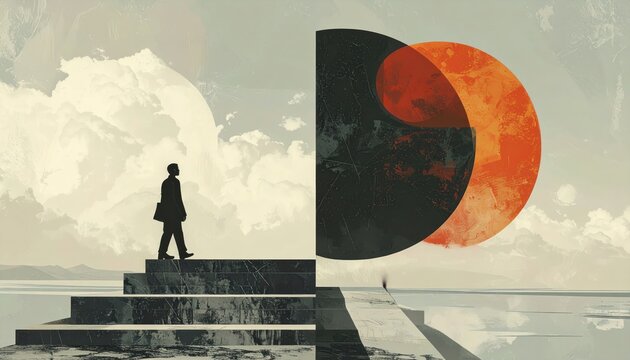 Silhouette of a person on stairs, facing abstract space, with celestial spheres & sea