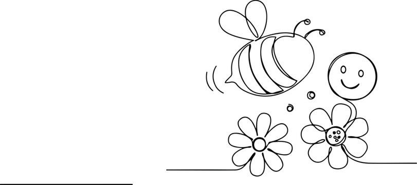 Bee and smiling happy face flying over flower and daisy to collect pollen. one line art icon drawing