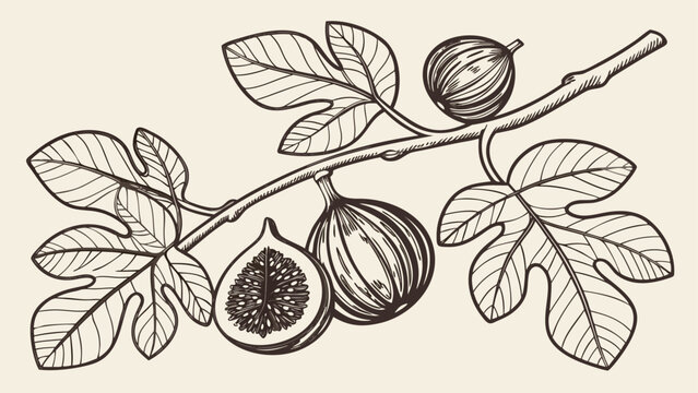 Black and White Line Art Illustration of Fresh Green Figs on Branch with Leaves for Food, Nature, or Decorative Design