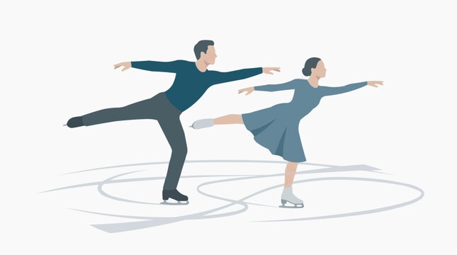 Figure Skating Pair in Harmony: A man and woman in elegant attire perform a synchronized figure skating routine on ice, showcasing grace, balance.