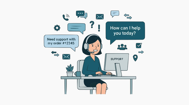 Customer Support Agent at Work: A friendly customer service representative with a headset sits at her desk, interacting with clients through various communication channels.