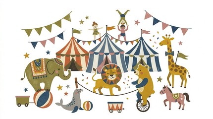 Naklejka premium Vibrant circus show depicts animals performing acts and acrobats on colorful tents