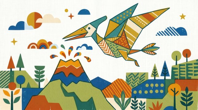 A colorful geometric pterodactyl flies over an erupting volcano with stylized trees and hills