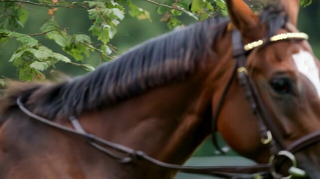 Portrait of brown horse looking towards camera. Equestrian sport concept with equine animal in bridle. Thoroughbred training and outdoor summer riding activity.