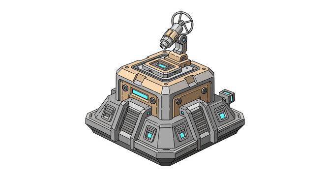 Futuristic Military Outpost with Radar Dish, Isometric Sci-Fi Building