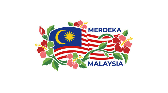Malaysia Independence Day Merdeka Celebration Vector with National Flag and Hibiscus Flowers