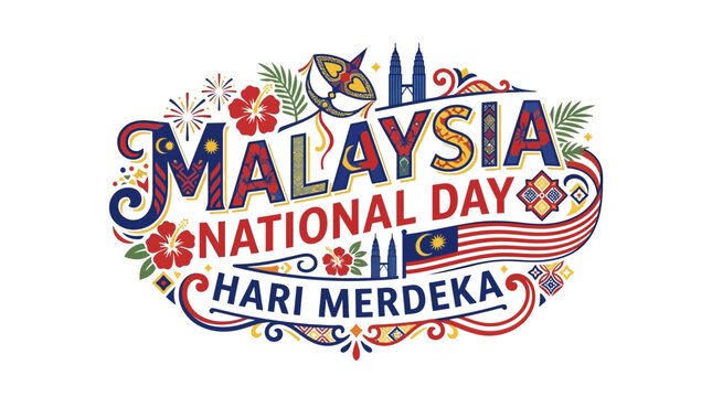 Malaysia National Day and Hari Merdeka Celebration Vector Typography with Traditional Cultural Elements