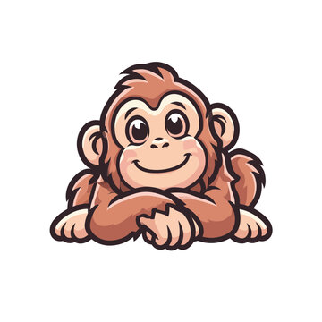 Cute cartoon monkey lying down with hands under chin