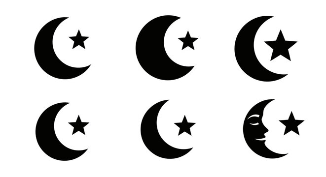 Moon and Star Icons: Crescent Moon with Star Graphic Set