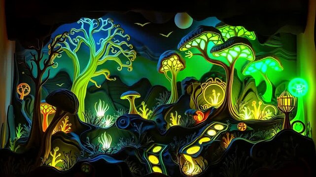 ​An intricate and artistic paper-cut style animation featuring an enchanted, otherworldly forest landscape.