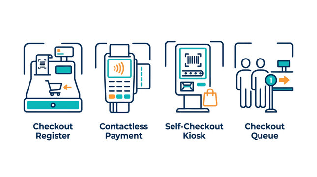 Vector Icons Retail checkout process concept icons set showing register contactless payment self service kiosk and queue line. EPS Editable